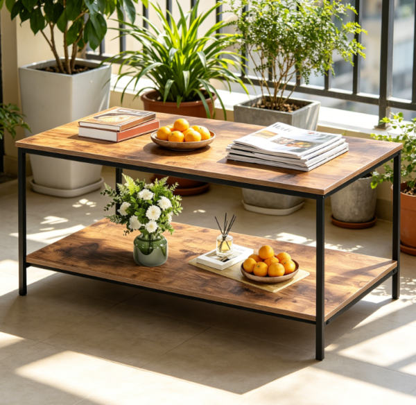 2-Tier Coffee Table, Brown Rectangle with Wood and Metal Frame, 39.3x20x24.4 in
